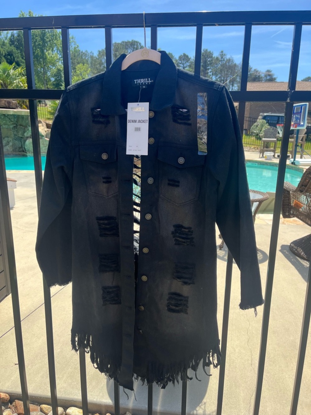 Thrill Black Distressed Long Denim Jacket with Frayed Hem